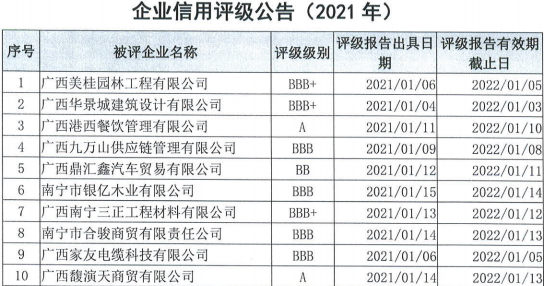 企业信用评级公告（2021年）